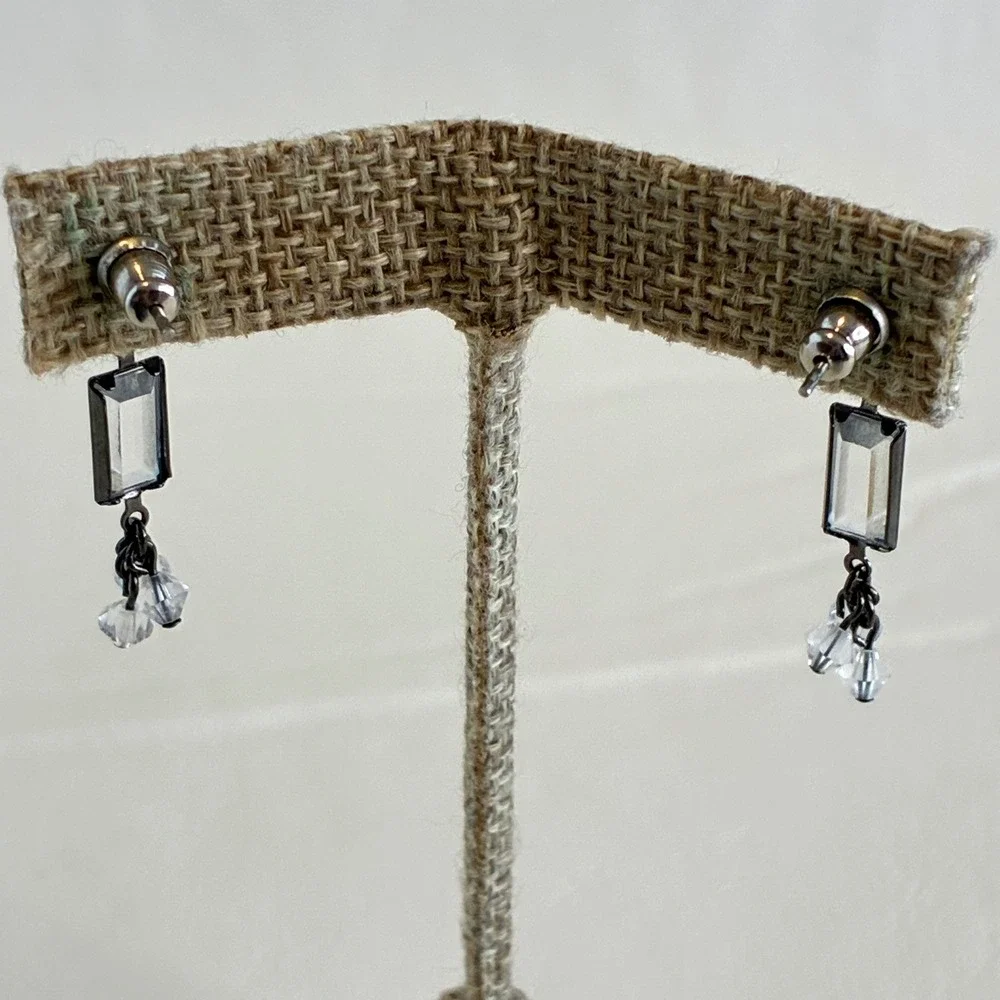 Rhinestone‎ Dangle Drop Earrings Gunmetal Clear Crystal Geometric Cheryl Reis